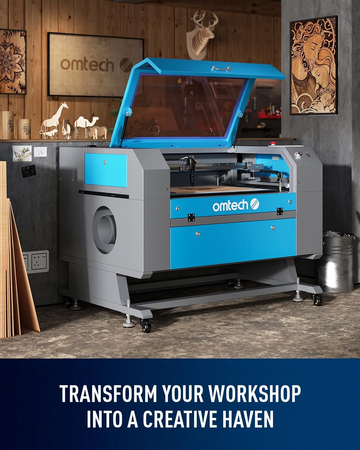 OMTech 100W CO2 Laser Engraver with 4 Way Pass Through Air Assist, 20x28 Inch Laser Engraving Machine Water Pump Wheels, Industrial Laser Cutter Cutting Etching Machine for Wood Glass Acrylic More