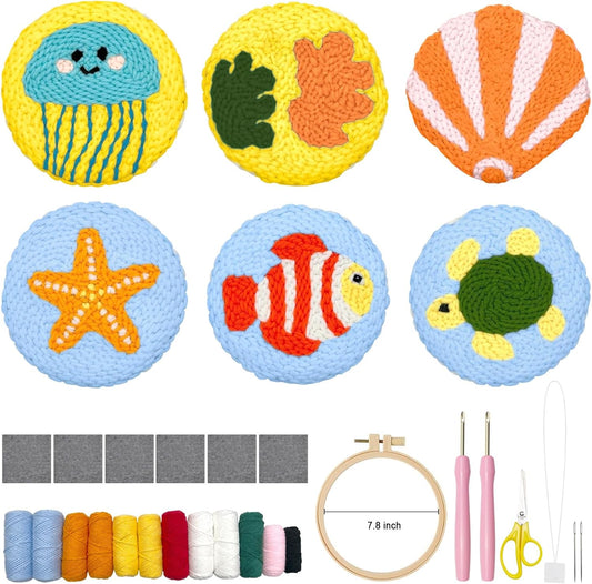 Punch Needl Kit for Adults Beginners, 6-Piece Marine Life Punch Coaster Starter Kit – Easy Embroidery Stitch Craft Set with Instructions – Fun Needle Point Tufting for Table Decor & Festival Gifts