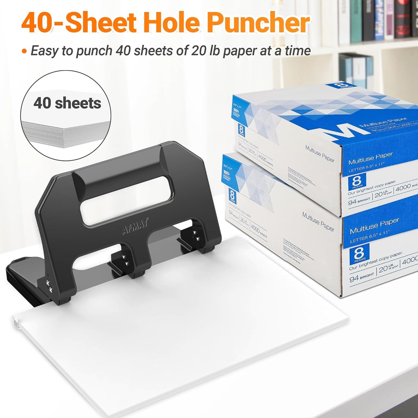 3 Hole Punch Heavy Duty, AFMAT 3 Hole Puncher for Binder, 40-Sheet Three Hole Punch w/ 10000+ Uses, Metal Hole Puncher 3 Ring, 50% Reduced Effort, Bulit-in S.S. Paper Guide, Model: HPX1 (Gray)