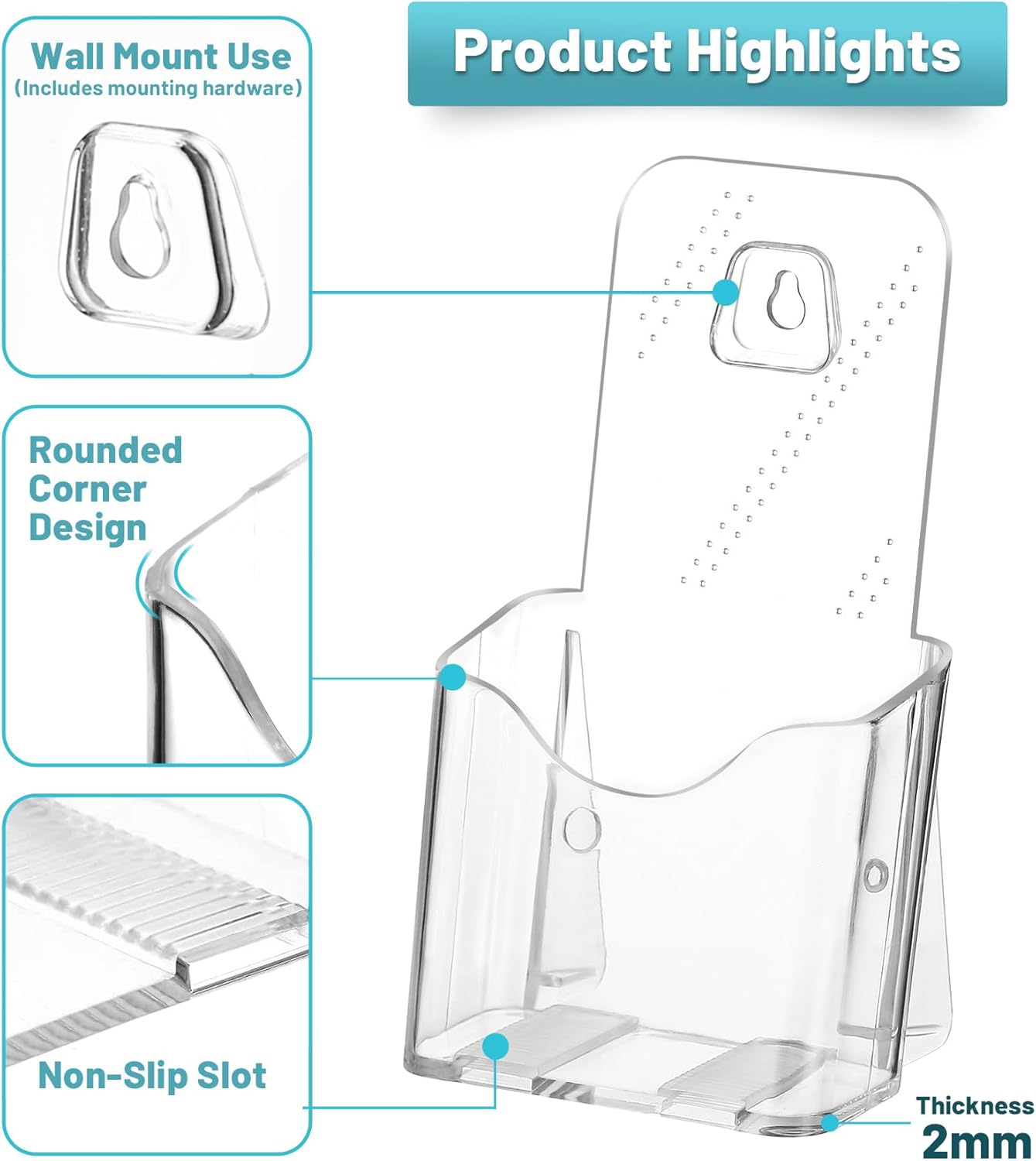 Brochure Holder Stand, 2 Pack 4 inches Acrylic Pamphlet Display Stand Wall Mount/Countertop, Clear Plastic Trifold Rack Card Holder for Organizer Flyer, Leaflets, Document, Literature