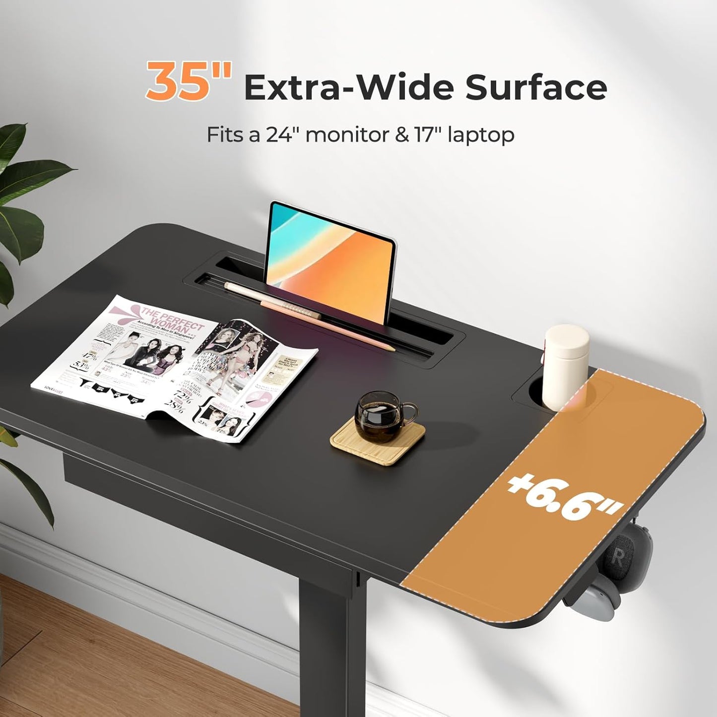 Mobile Standing Desk with Drawer, 35" Small Standing Desk with Cup Holder, Rolling Laptop Cart on Wheels, Height Adjustable Table with Storage for Home Office, Black