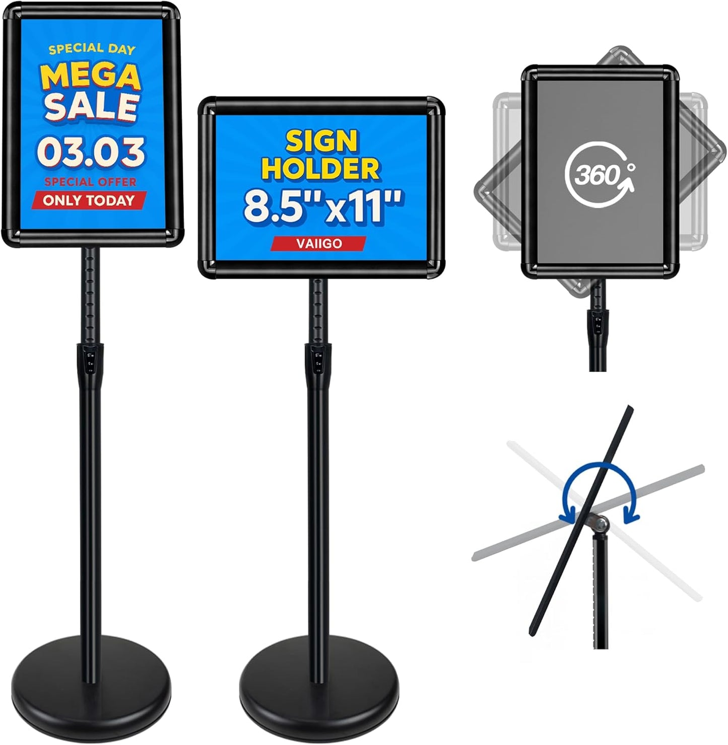 2 Pack Sign Stand for Display - Adjustable 8.5x11 Inch Floor Standing Sign Holder, Pedestal Poster Stand for Vertical&Horizontal View, Indoor&Outdoor Use for Business, Mall, Restaurant - Black