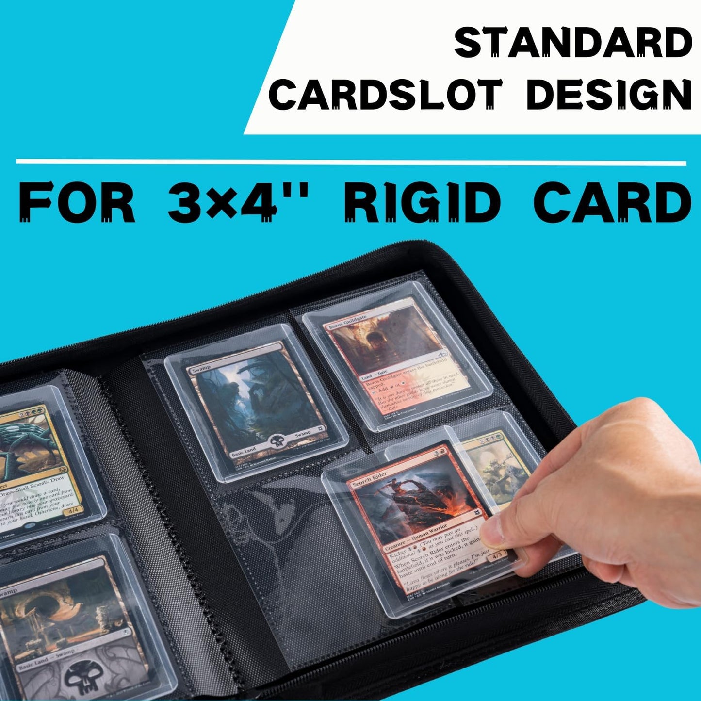 Toploader Binder, Holds 128+ Toploaders, 4 Pocket Top Loader Card Storage Case, Double-Sided Pockets for trading card in 3 x 4'' Toploaders（Blue）