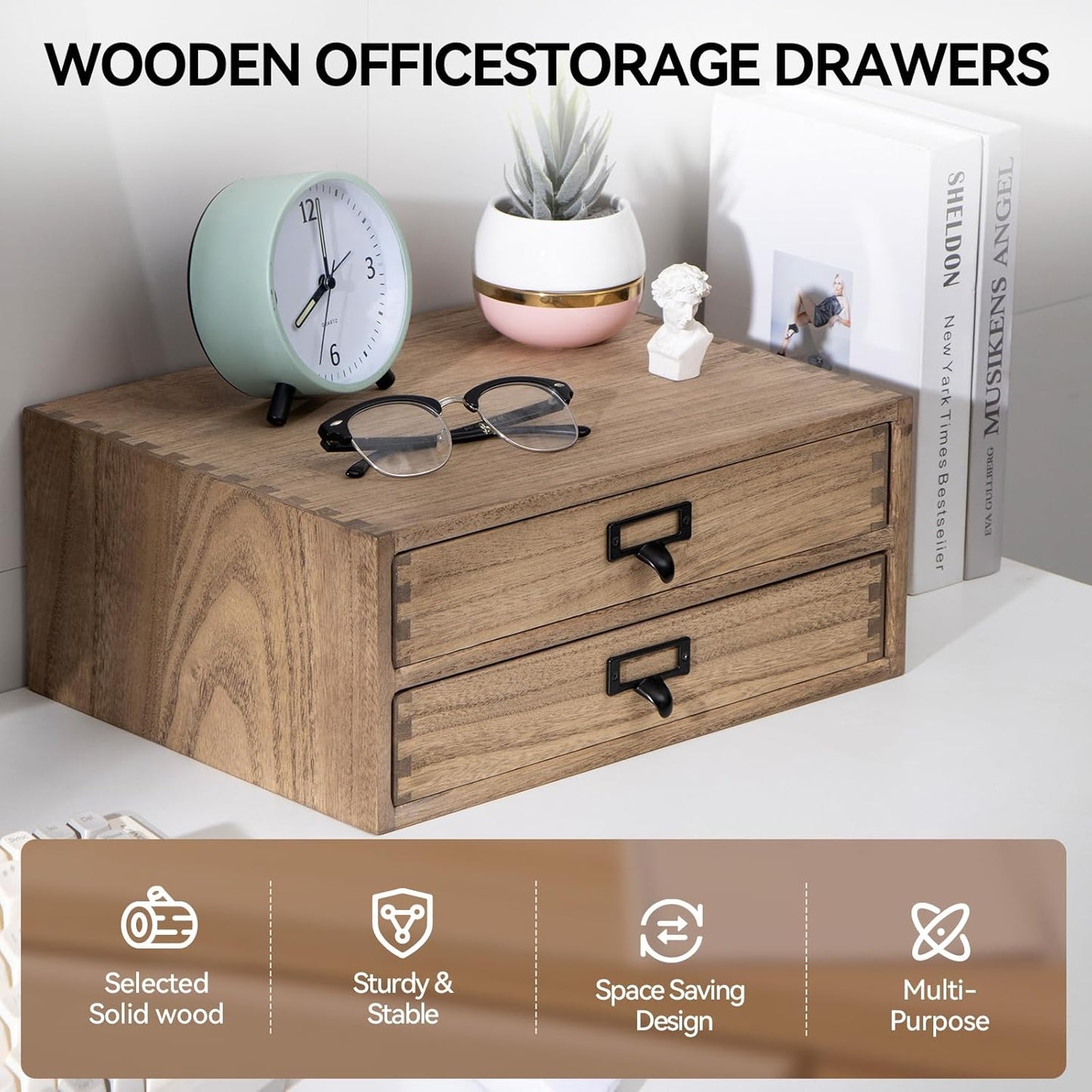 Kirigen Drak Wooden Office Storage Drawers Shallow Type - Desktop Filing Organization for Machine Printer Stand (BR, 2-Layer&2 Drawers)