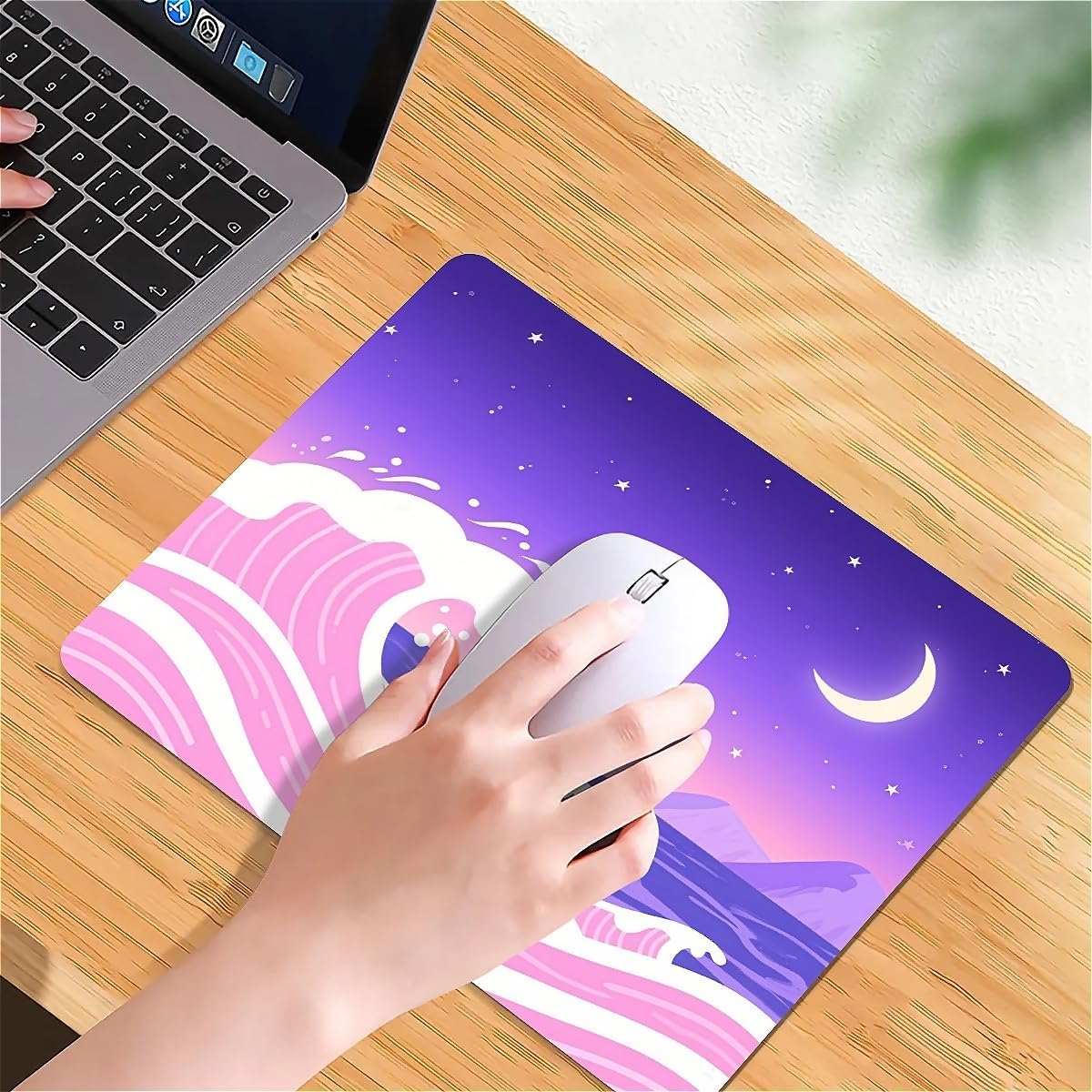 Square Mouse Pad Pink and Purple Waves, Personalized Premium-Textured Custom Mouse Mat Design, Washable Mousepad Cloth, Non-Slip Rubber Base Computer Mouse Pads Moon for Wireless Mouse