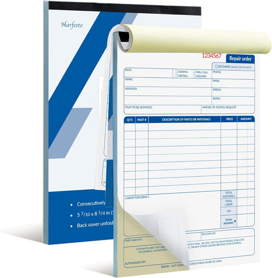 Repair Order Book, 2 Part Carbonless Job Work Order Forms - White/Yellow, 5-7/10 x 8-1/4 Inches, Invoice Receipt Book for Small Business, Consecutively Numbered, 100 Sets (2 Packs)