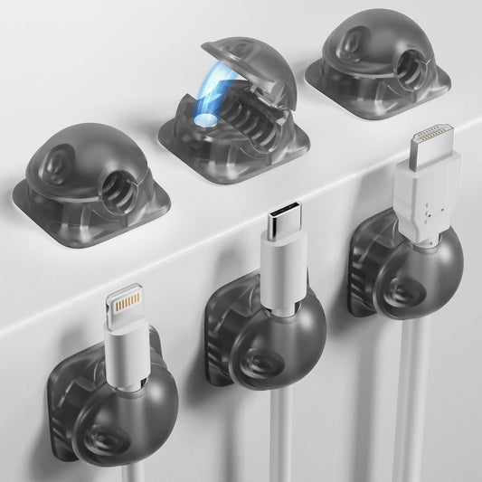 Cord Holder Organizer 6 Pack, [1-Handed-Operation] Magnetic Cable Clips, Phone Cord Clips Holder with 2 Extra Reusable Strong Adhesive for Nightstand Desk Car Workspace Office Accessories, Clear Black