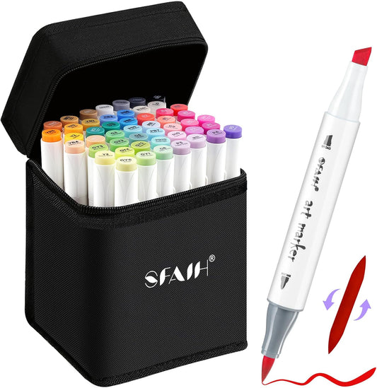 SFAIH 48 Colors Alcohol Markers - Dual Tips Art Set, Brush & Chisel Nibs, Ideal for Artists, & Adults, Coloring, Drawing & Illustration, Includes 1 Blender