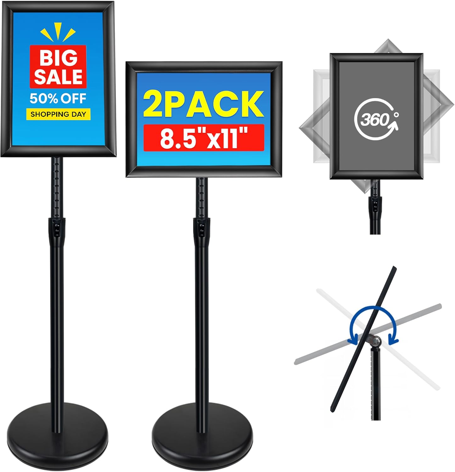 2Pack Sign Holder Stand - 8.5x11 Inch Adjustable Floor Standing Sign Stand for Display, Pedestal Poster Stand for Vertical & Horizontal View, Indoor & Outdoor Use for Business & Store - Black
