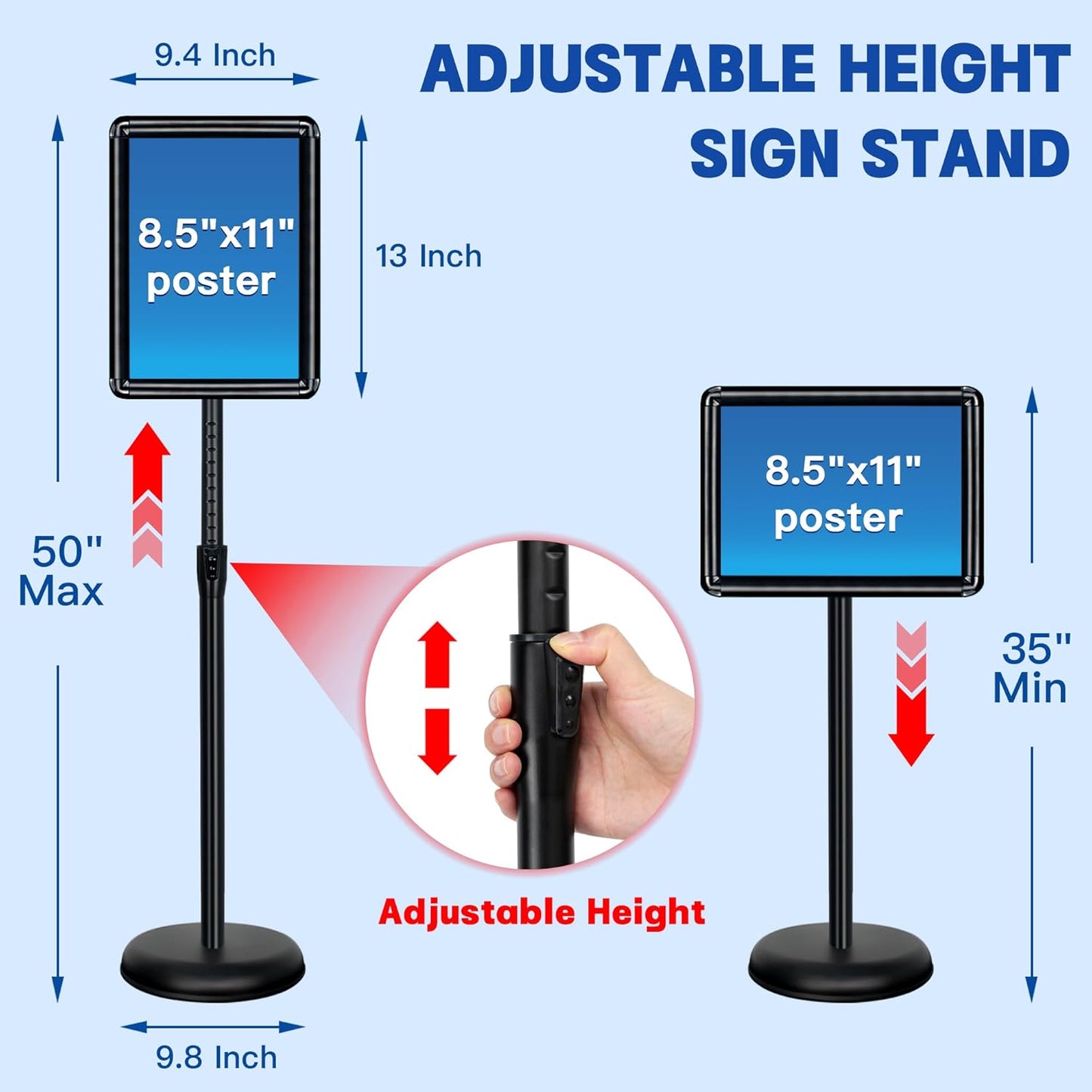 Sign Stand for Display - Adjustable 8.5x11 Inch Floor Standing Sign Holder, Pedestal Poster Stand for Vertical & Horizontal View, Indoor & Outdoor Use for Business, Mall, Restaurant - Black