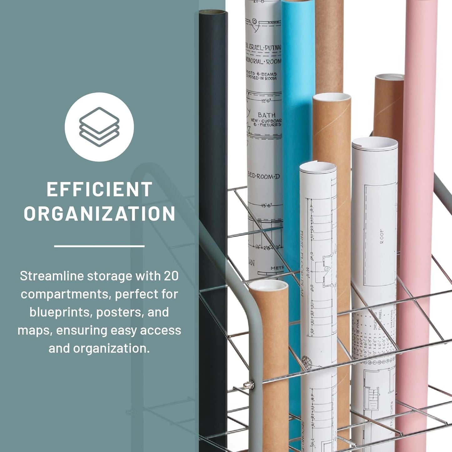 Safco Tubular Steel Wire Roll File Cart, Document and Blueprint Holder, 20 Compartment, Rolling Organizer Cart for Architectural Drawings, Construction Plans and Map Storage