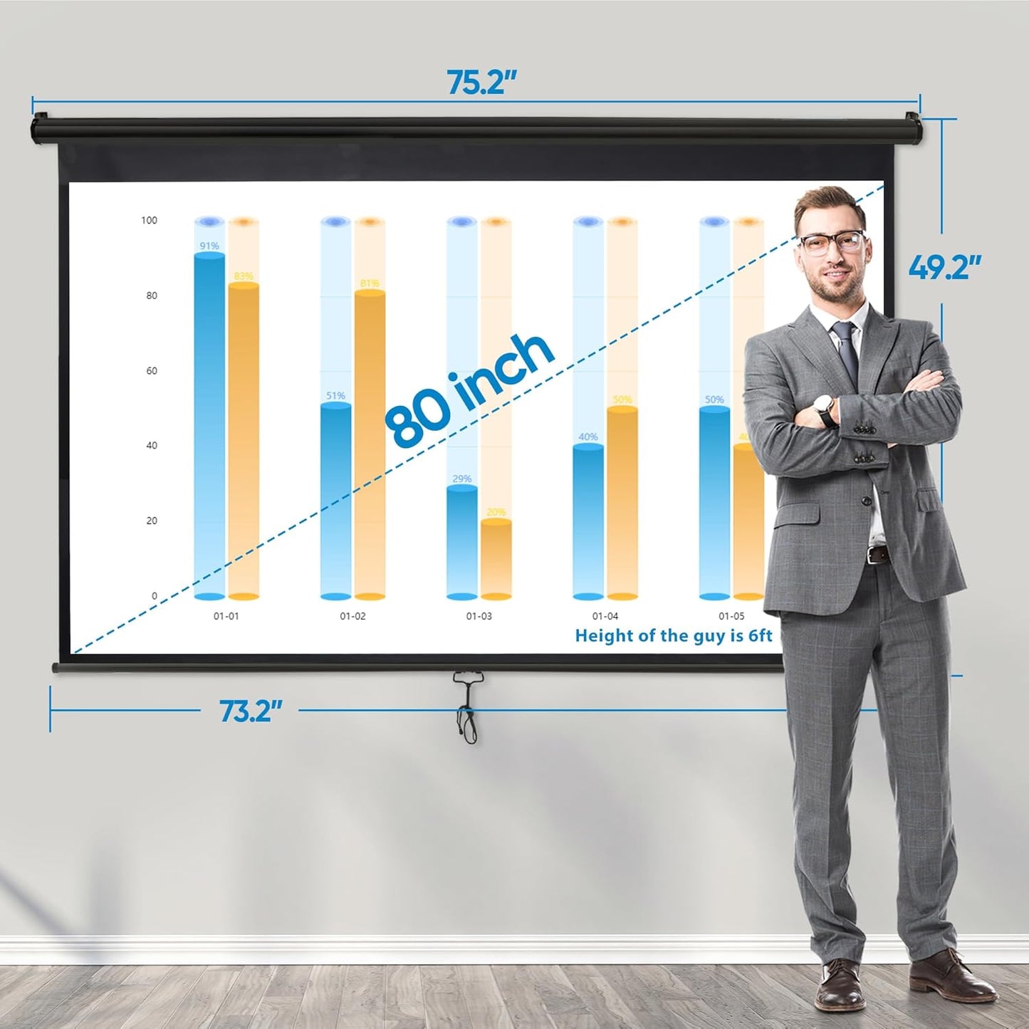 ZENY Outdoor Projector Screen Pull Down 80 Inch 16:9 HD Projection Screen, Roll Down Ceiling Projector Screen, Portable Indoor Outdoor Movie Screen