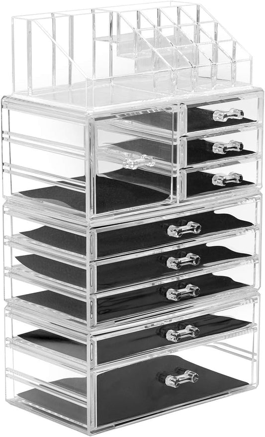 Sorbus Large Clear Makeup Organizer - Detachable 4-Piece Jewelry & Make Up Organizers and Storage Set - Spacious Cosmetic Display Tower - Makeup Organizer for Vanity, Bathroom, Dresser & Countertop