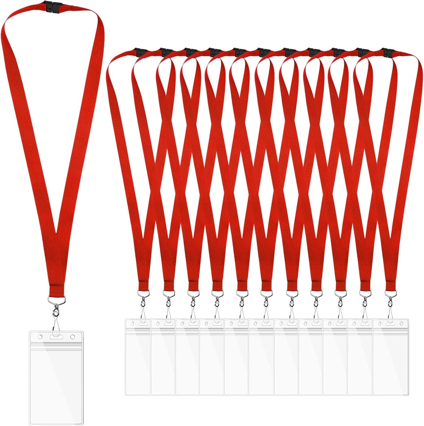 12 Pack Red Breakaway Lanyards with Waterproof Badge Holders, Metal Hook, Polyester Neck Straps for ID Cards, Events, Office, and Schools