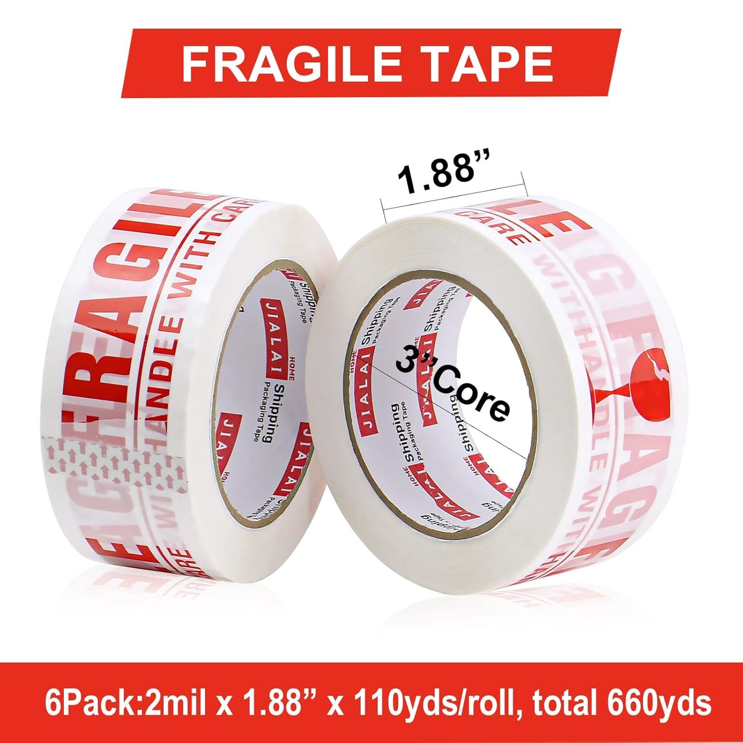 Fragile Tape Handle with Care Packing Tape 6 Rolls, Shipping Box Sealing Tape with Dispenser, 2 Inch x 330 Feet (110 Yards), Heavy Duty Tape for Shipping and Moving Boxes