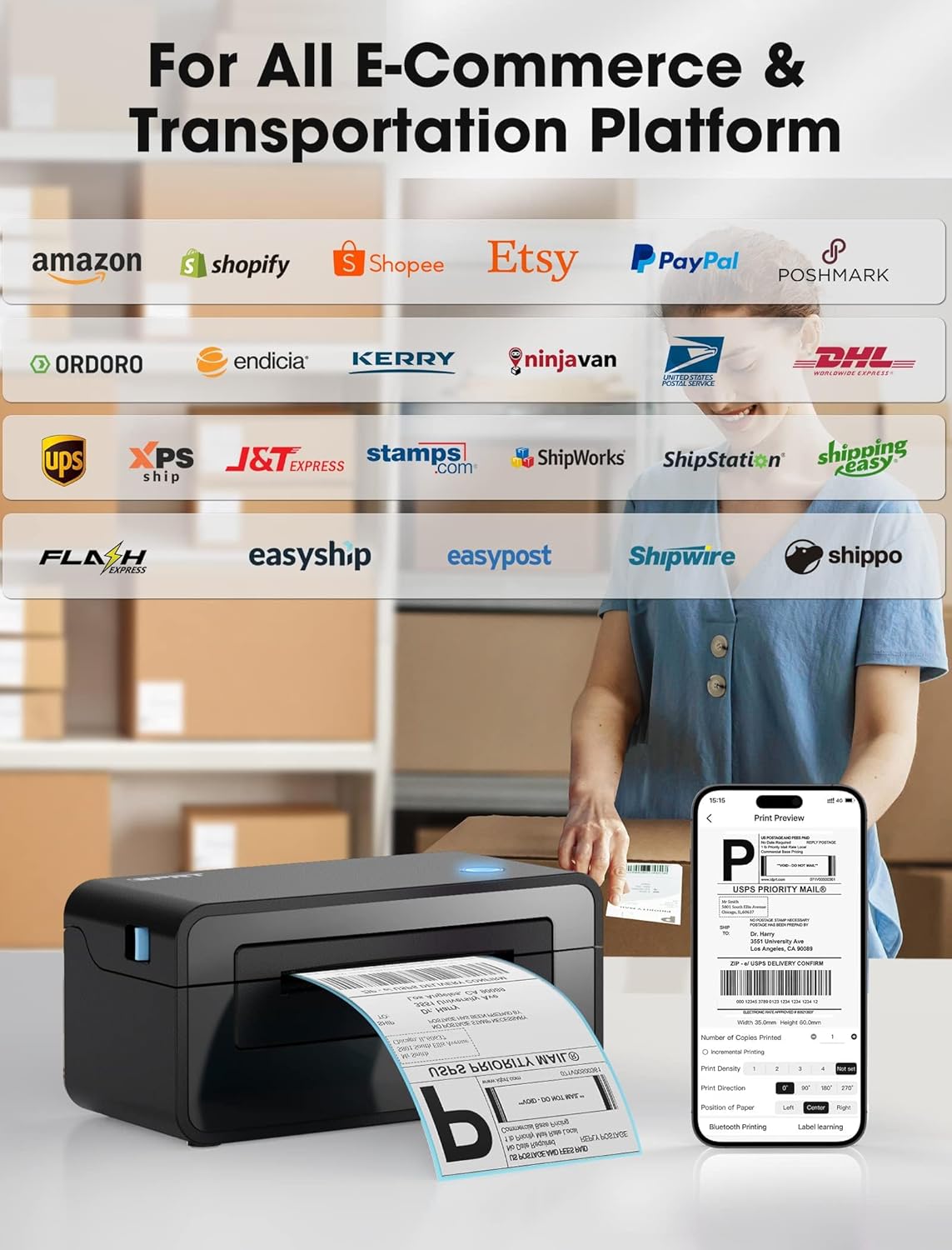 iDPRT Bluetooth Thermal Shipping Label Printer for Phone, 4x6, Supports Windows/Mac/iOS/Android, Ideal for Small Business and Shipping Packages