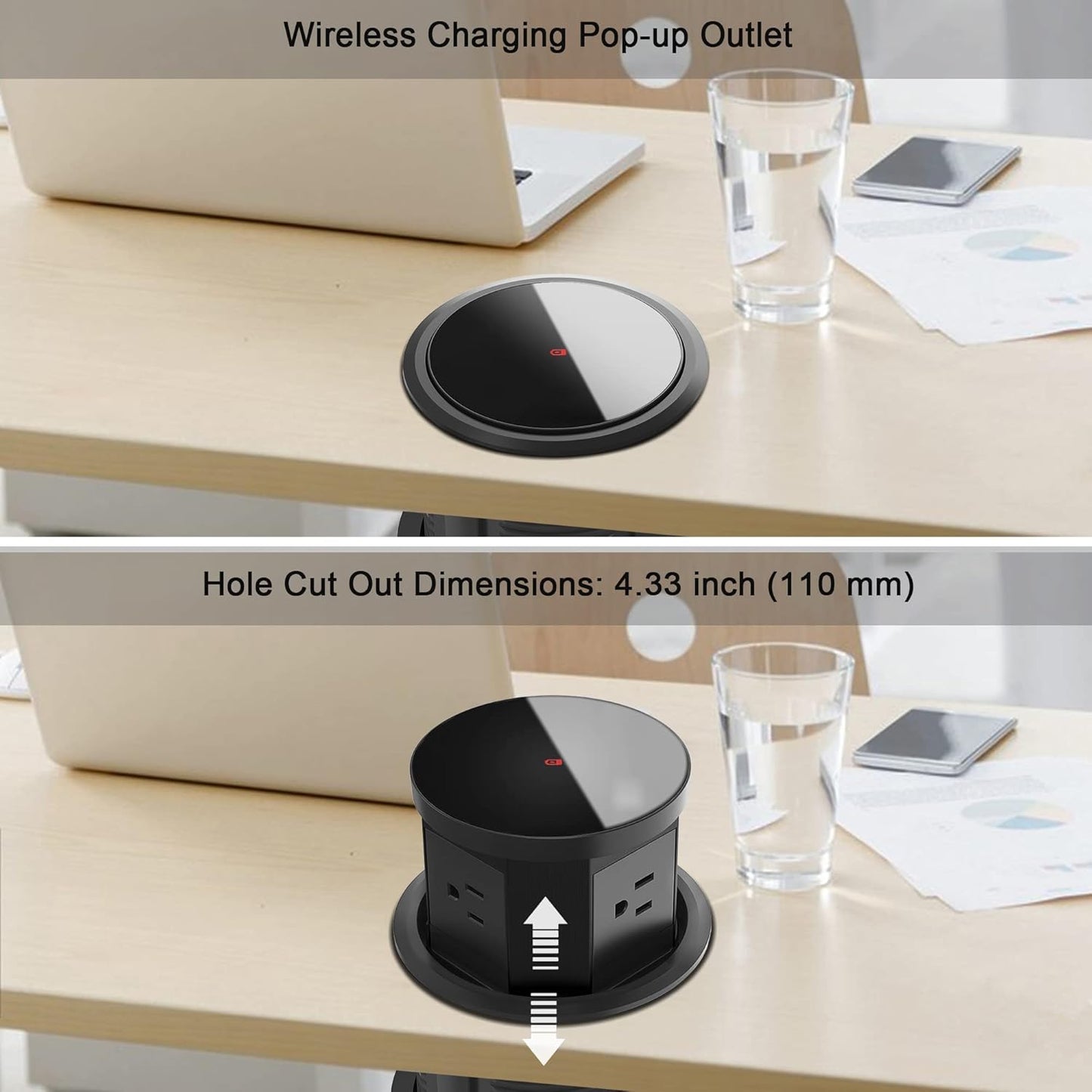 Pop Up Outlet with 15W Wireless Charger, 4.33 inch Pop Up Outlet for Countertop, 3 AC Plug 1 USB-A 1 USB-C Hidden Outlet Pop Up Electrical Outlet for for Kitchen/Home/Office
