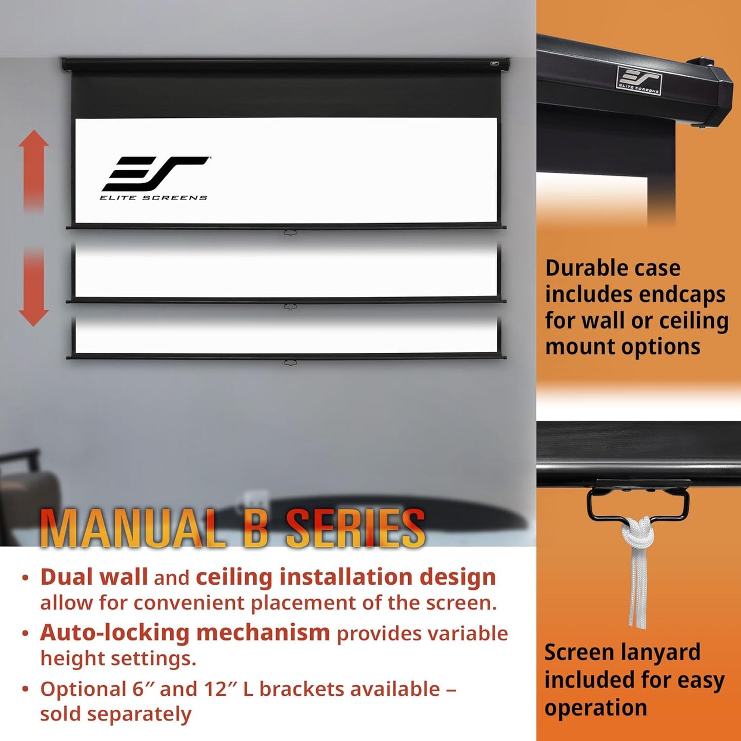 Elite Screens Manual B, 120-INCH 4:3, Manual Pull Down Projector Screen 4K / 8K Ultra HDR 3D Ready with Slow Retract Mechanism, 2-YEAR WARRANTY, M120V