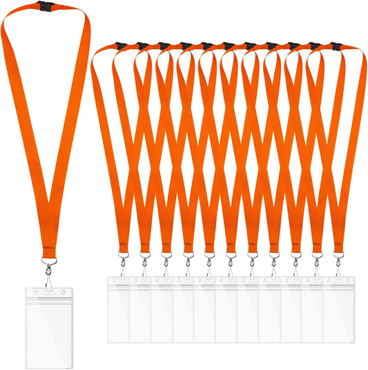12 Pack Orange Breakaway Lanyards with Waterproof Badge Holders, Metal Hook, Polyester Neck Straps for ID Cards, Events, Office, and Schools