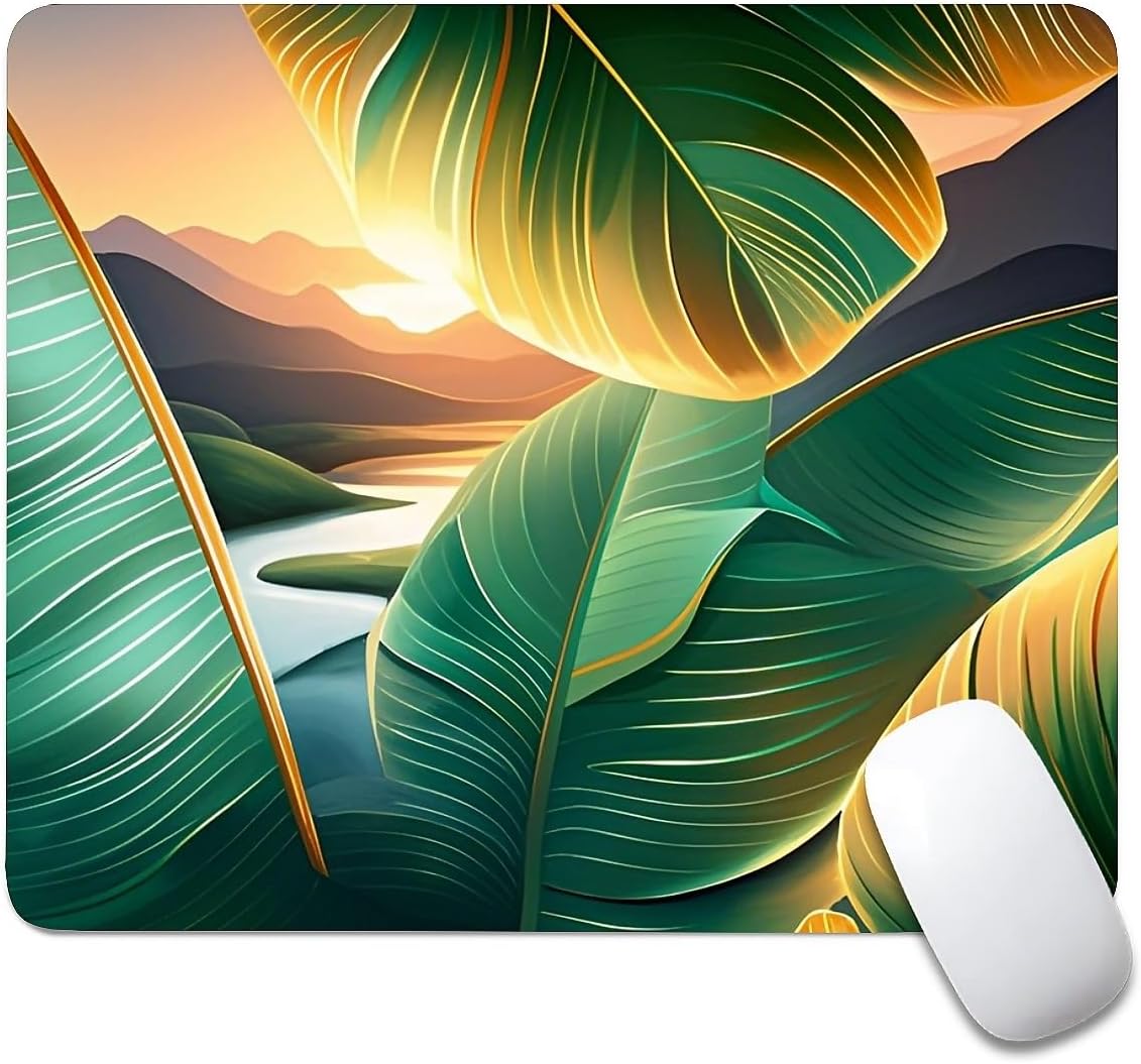 Square Mouse Pad Tropical Leaf & Mountain Sunset, Personalized Premium-Textured Custom Mouse Mat Design, Washable Mousepad Cloth, Non-Slip Rubber Base Computer Mouse Pads for Wireless Mouse
