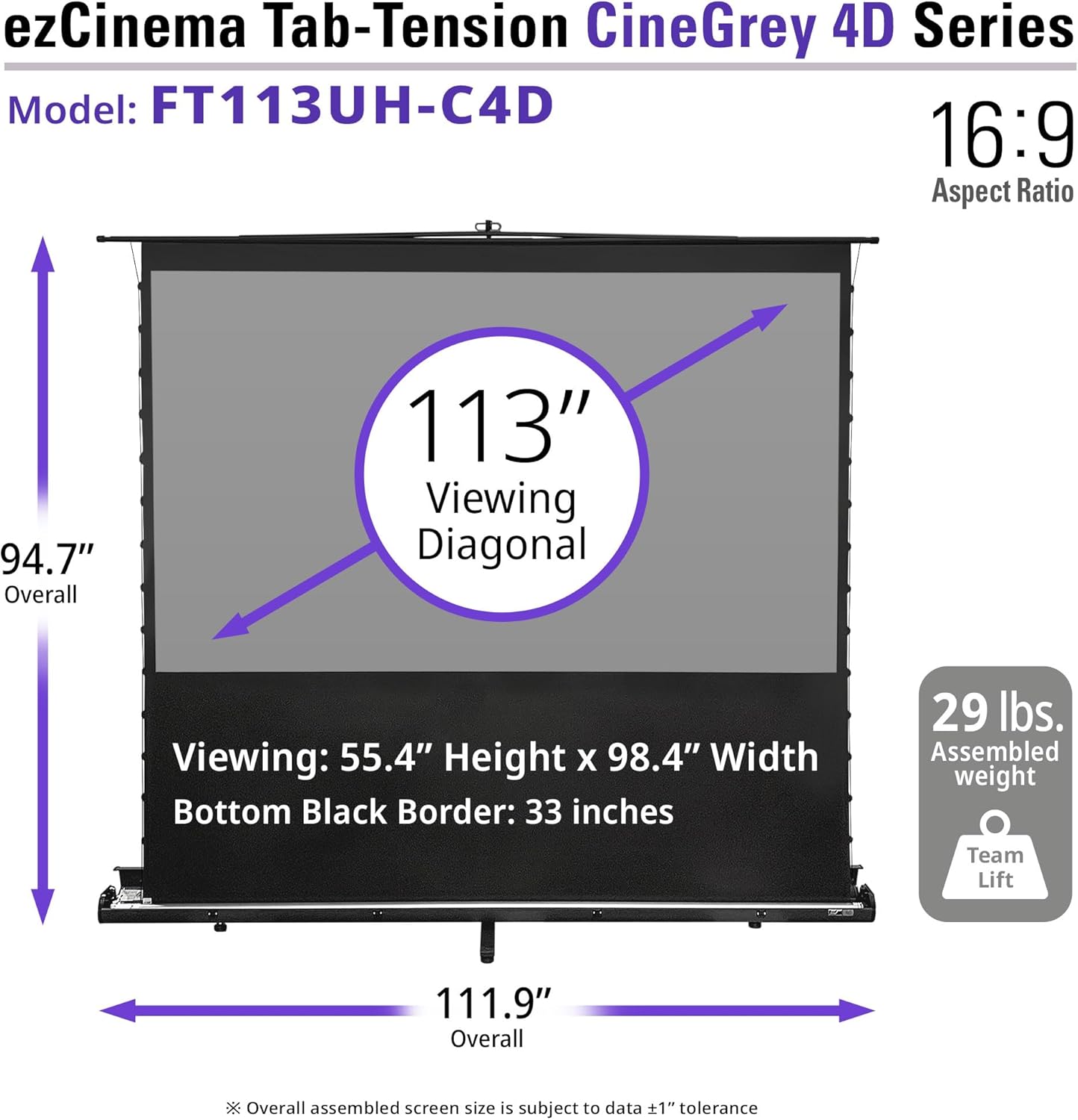 Elite Screens ezCinema Tab-Tension CineGrey 4D, 113-inch 16:9, Manual Floor Pull Up ISF Ceiling Ambient Light Rejecting, Portable Home Office Classroom Projector Screen with Carrying Bag, FT113UH-C4D