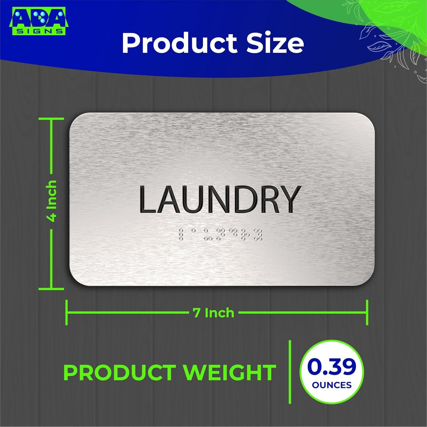 ADASigns Laundry Signs 7" W x 4" H - Durable Brushed Aluminum with Grade 2 Braille - Easy Installation with Strong Double Sided Tape - ADA Compliant Office Door Signs for Businesses & Offices