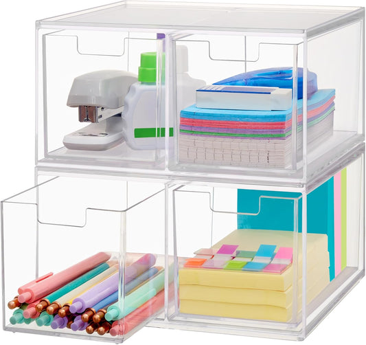 STORi Chloe Space-Saving Clear Drawer Organizer (4 Tall Drawers) Sort Office, Kitchen, Beauty Supplies, Makeup, Pens, Jewelry, Stationary, Made in USA