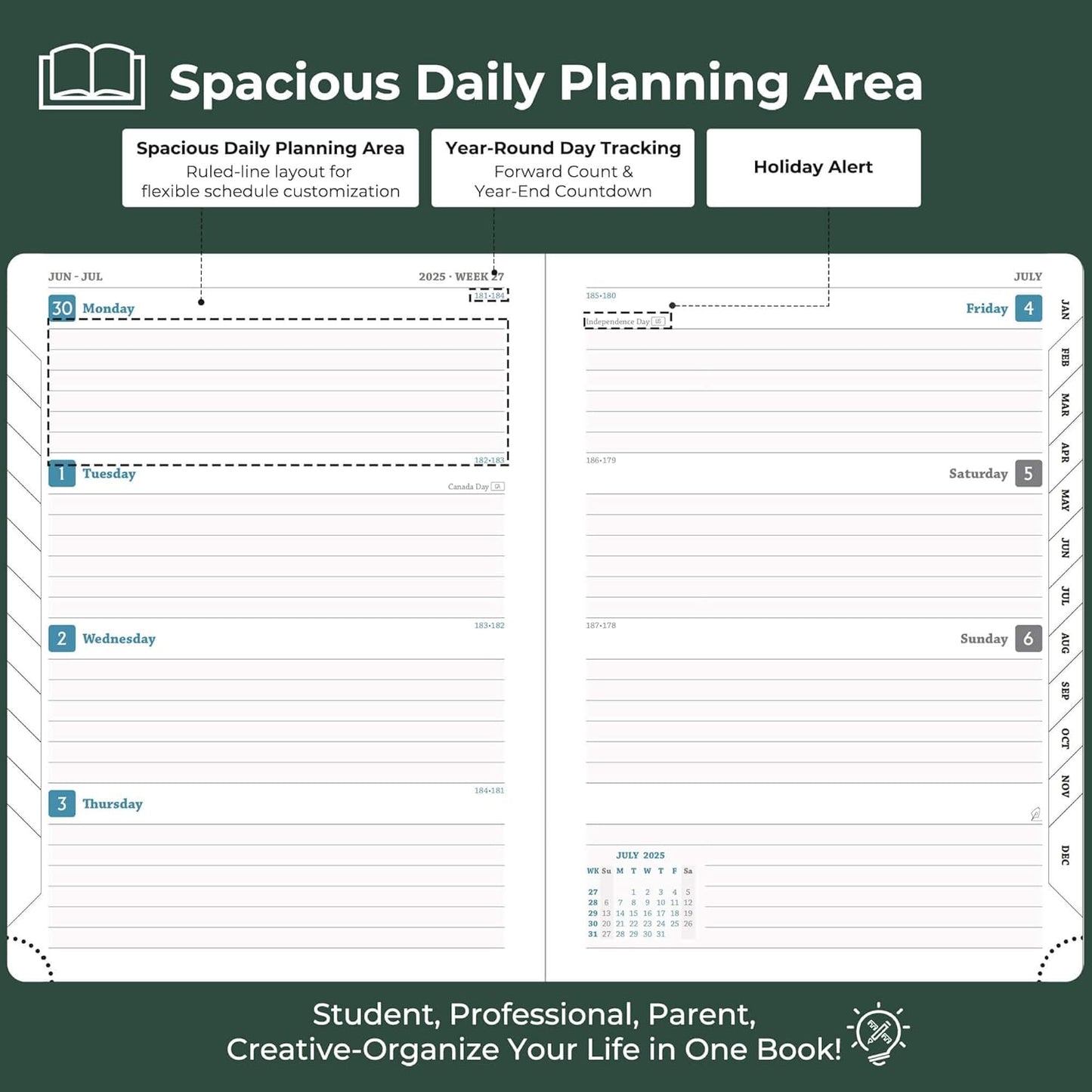 Planner 2025-2026 Daily Weekly and Monthly,11.5"x8.5",18 Months Spiral Bound Calendar Agenda with Self-adhesive Pen Holder,2026 Academic Plan with Vegan Leather Soft Cover,Green