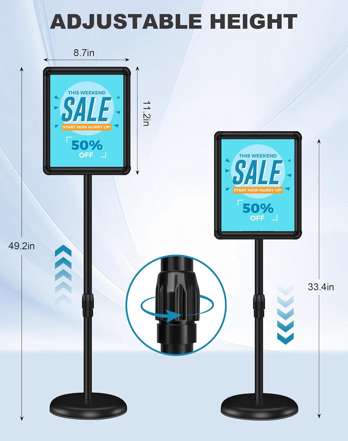 2 Pack Sign Holder Stand 8.5x11 inch for Display, Height Adjustable Floor Standing Signage Stand with 360° Rotated Snap Open Frame for Malls, Schools, Advertising, Outdoor Poster Stand