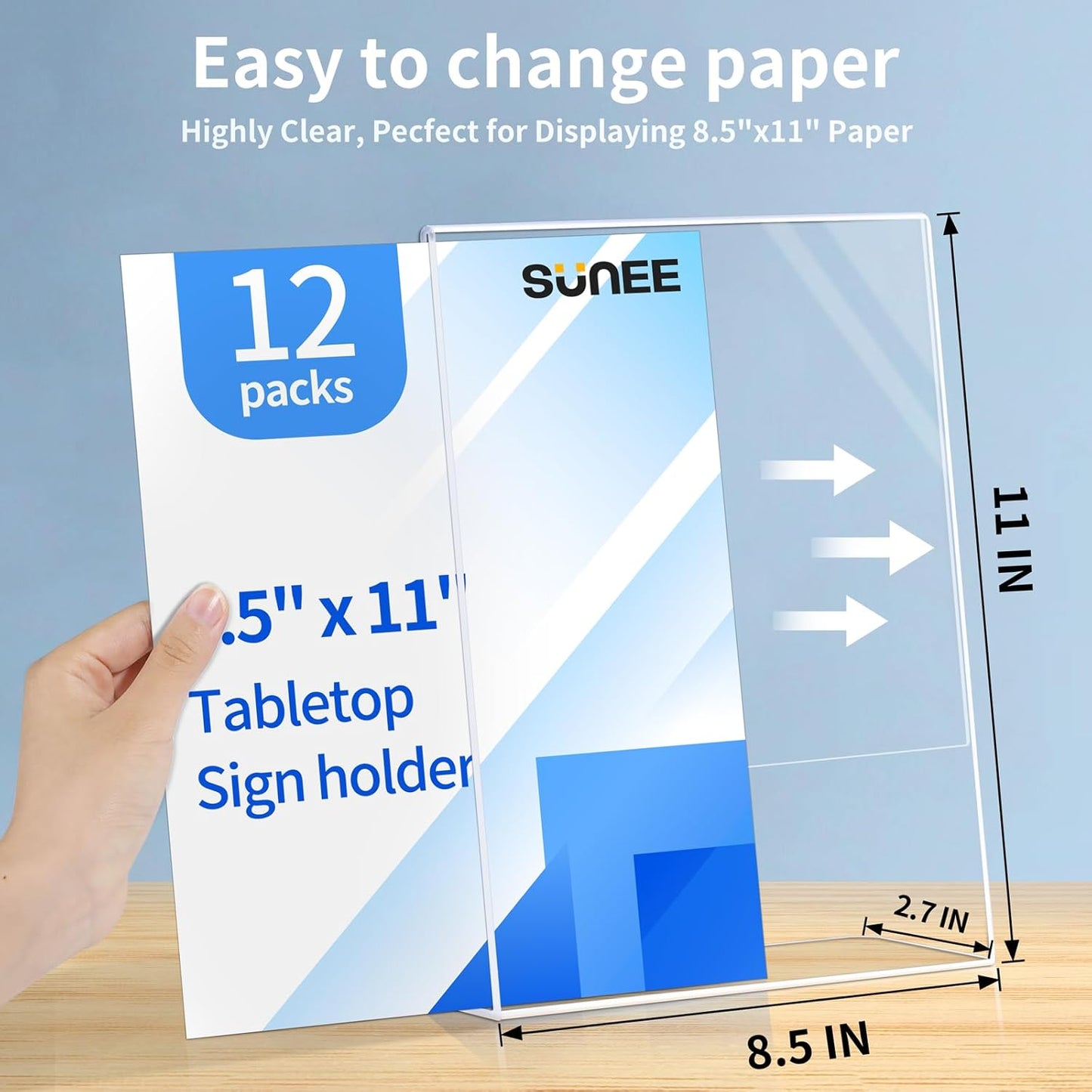 SUNEE 12 packs Clear Plastic Sign Holders for 8.5x11 Paper, Vertical L-shape Frame for Displaying Signs and Menus
