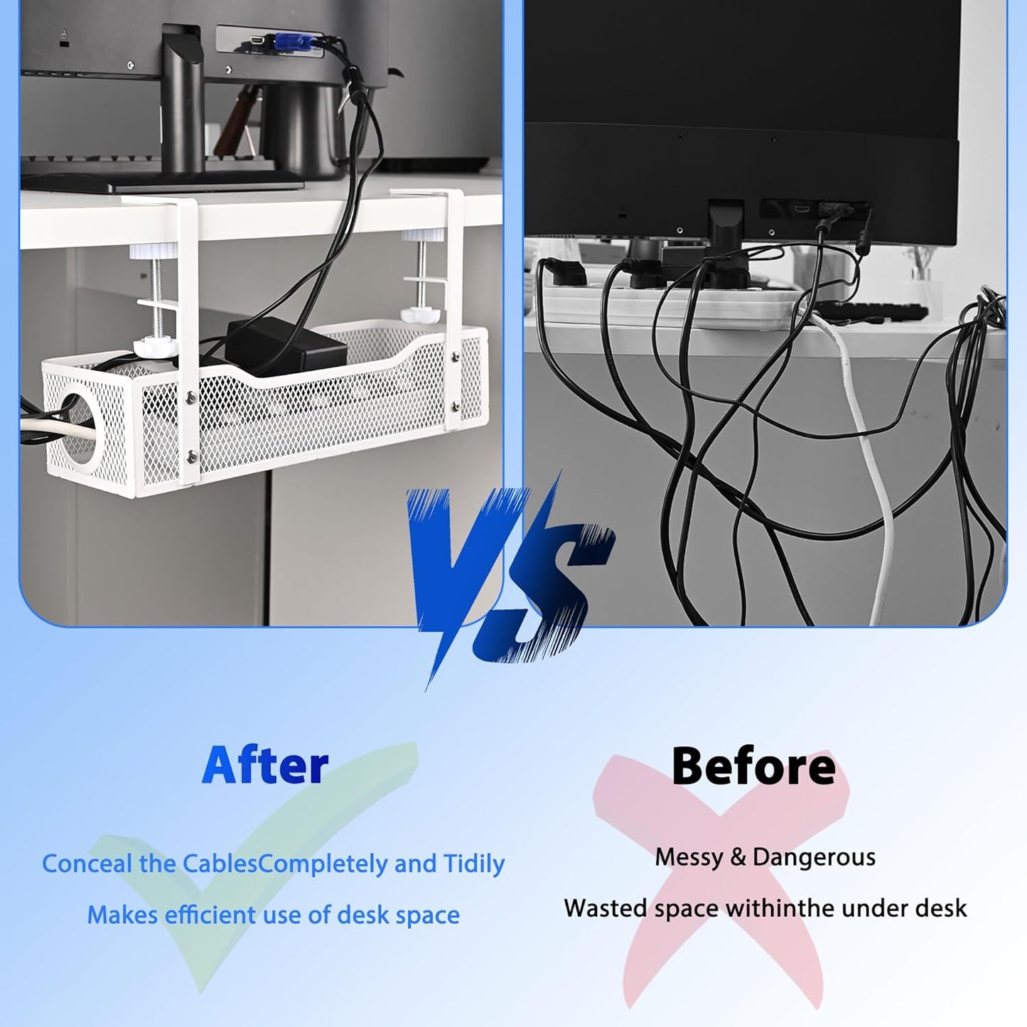 Clamp-On Under Desk Cable Management Tray – No Drill Metal Cord Organizer for Power Strips & Wires – Easy to Install Under Table Cable Holder (White)