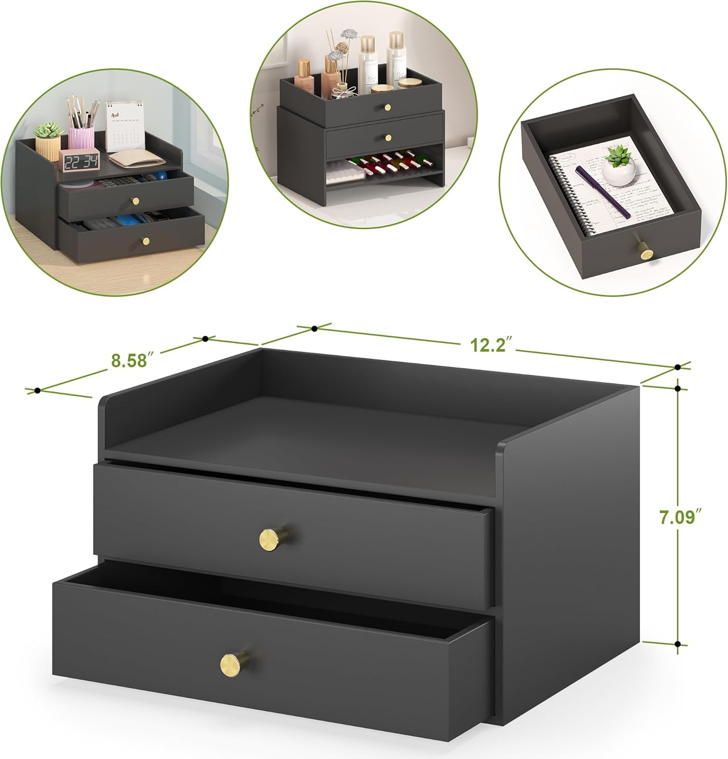 Bamboo Desk Organizer - Stackable, No Assembly Required, Ideal for Office/Home Use - Perfect for Toiletries, Stationery, Accessories. (Black, Two level drawer box with sides)