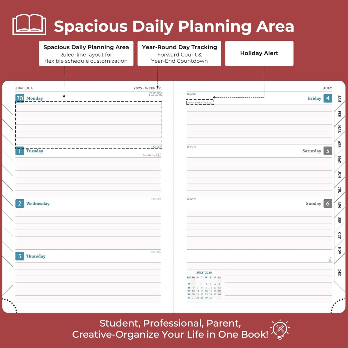 Planner 2025-2026 Daily Weekly and Monthly,11.5"x8.5",18 Months Spiral Bound Calendar Agenda with Self-adhesive Pen Holder,2026 Academic Plan with Vegan Leather Soft Cover,Red