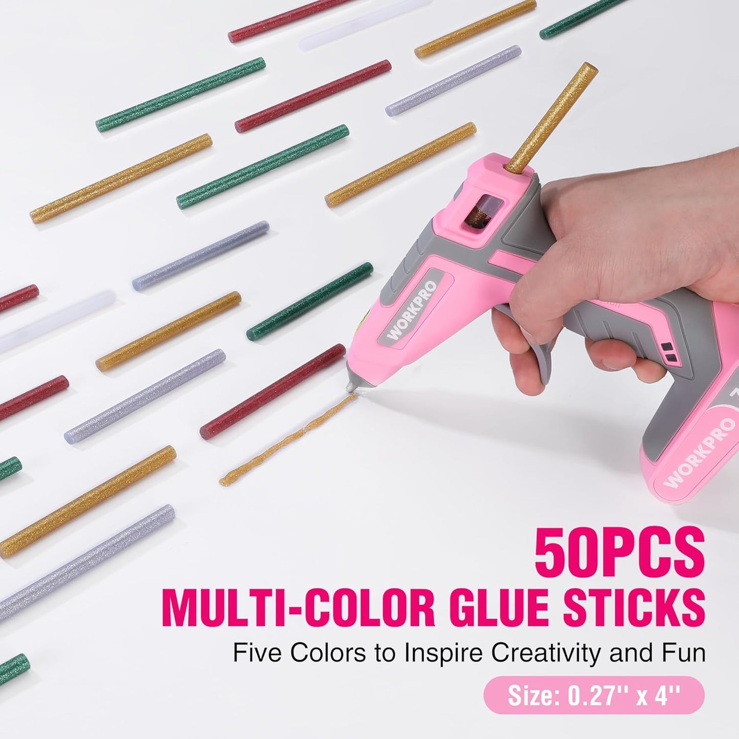 WORKPRO Cordless Hot Glue Gun, 30s Fast Preheating, 7.2V Dual-Temp Glue Gun Kit with 50pcs Glue Gun Sticks, Storage Bag, USB-C Charging Cord, 2600mAh Battery for DIY and Crafting