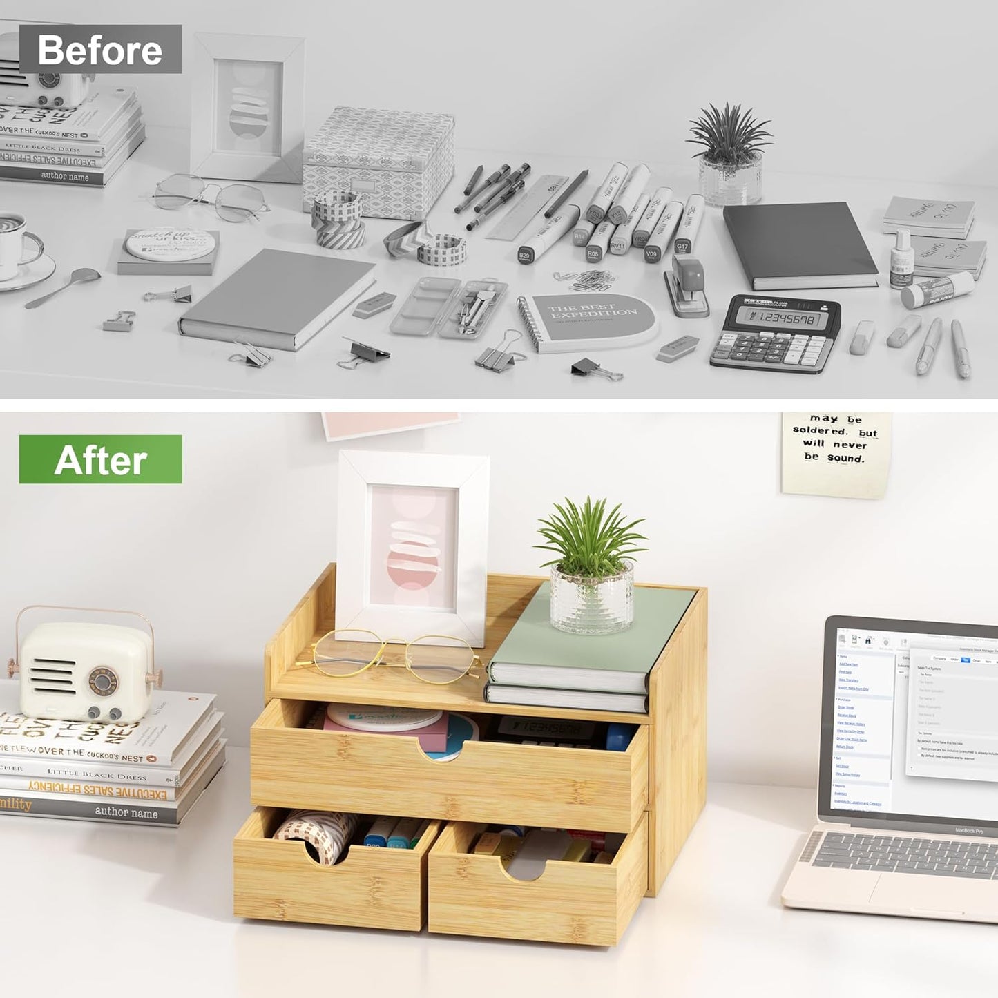 Desk Organizer with Drawers - Bamboo Desktop Organizer Storage | Wood Desk Drawers Organizer for Bills, Office Supplies, Cosmetics, Seals No Assembly Required