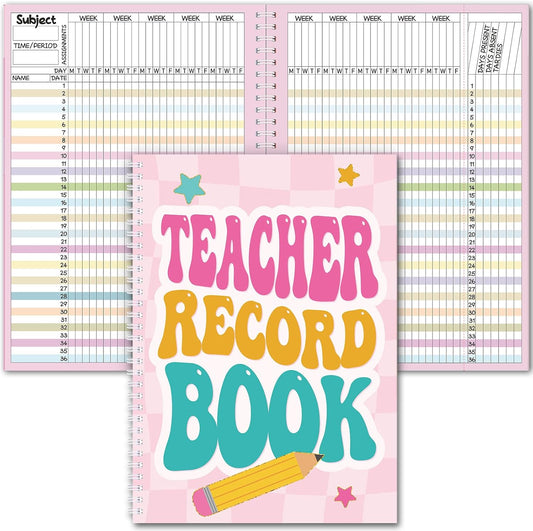 Teacher Record Book Teacher Grade Book Spiral Bound Record Class Gradebook Office Favors Gift for Classroom Attendance Supplies Decoration Double Sided Color Printing(Retro)