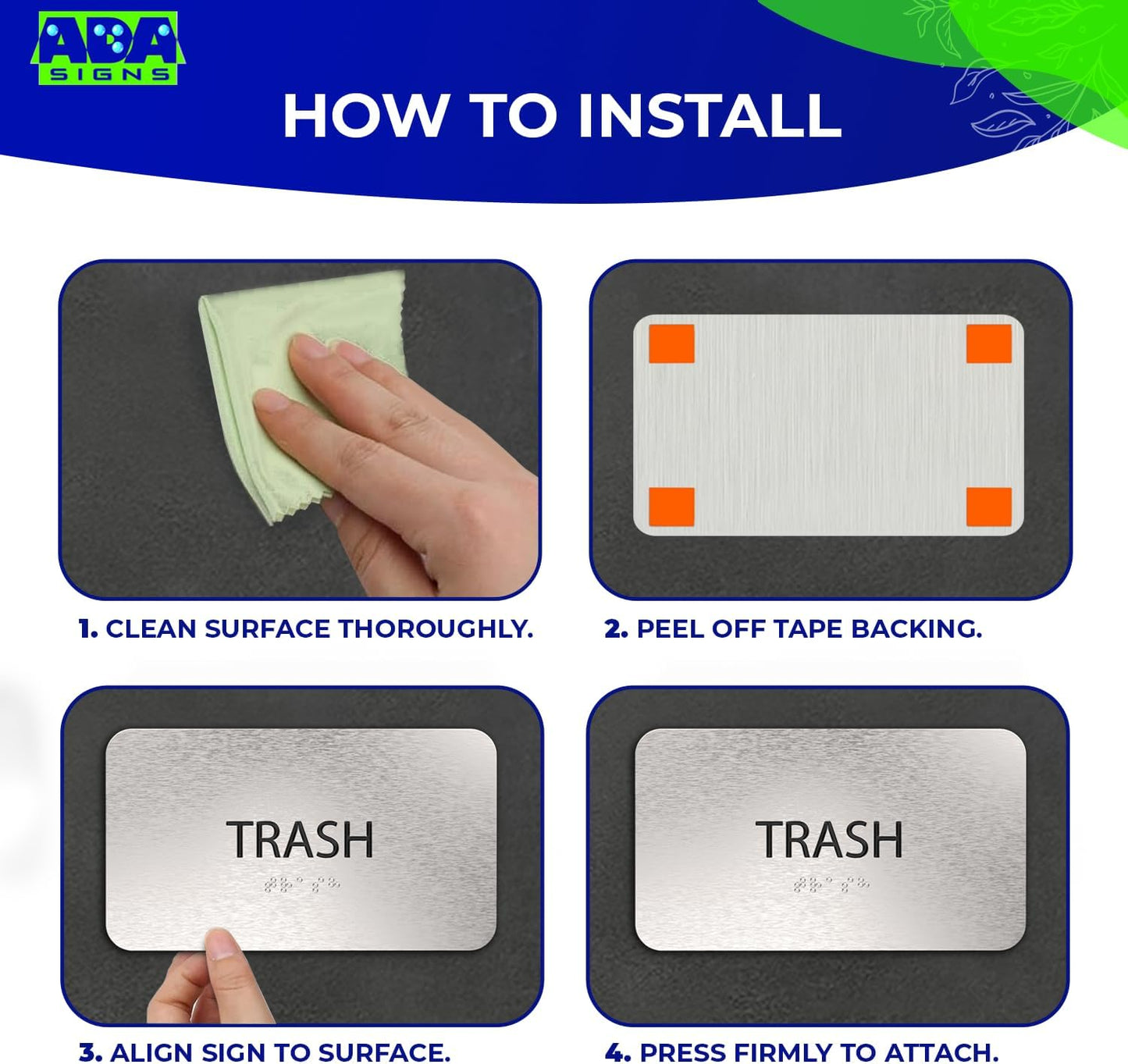 ADASigns Trash Sign 7”x4” - Durable Brushed Aluminum with Grade 2 Braille - Easy Installation with Strong Adhesive Tape - ADA Compliant Signs for businesses, Restaurants & Retail Stores