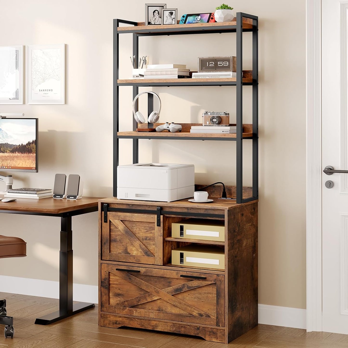 File Cabinet with Charging Station, Vertical Filing Cabinet with Shelves, File Cabinet for Home Office, Printer Stand with Storage Shelves & Barn Doors, Fits A4/Letter Files, Rustic