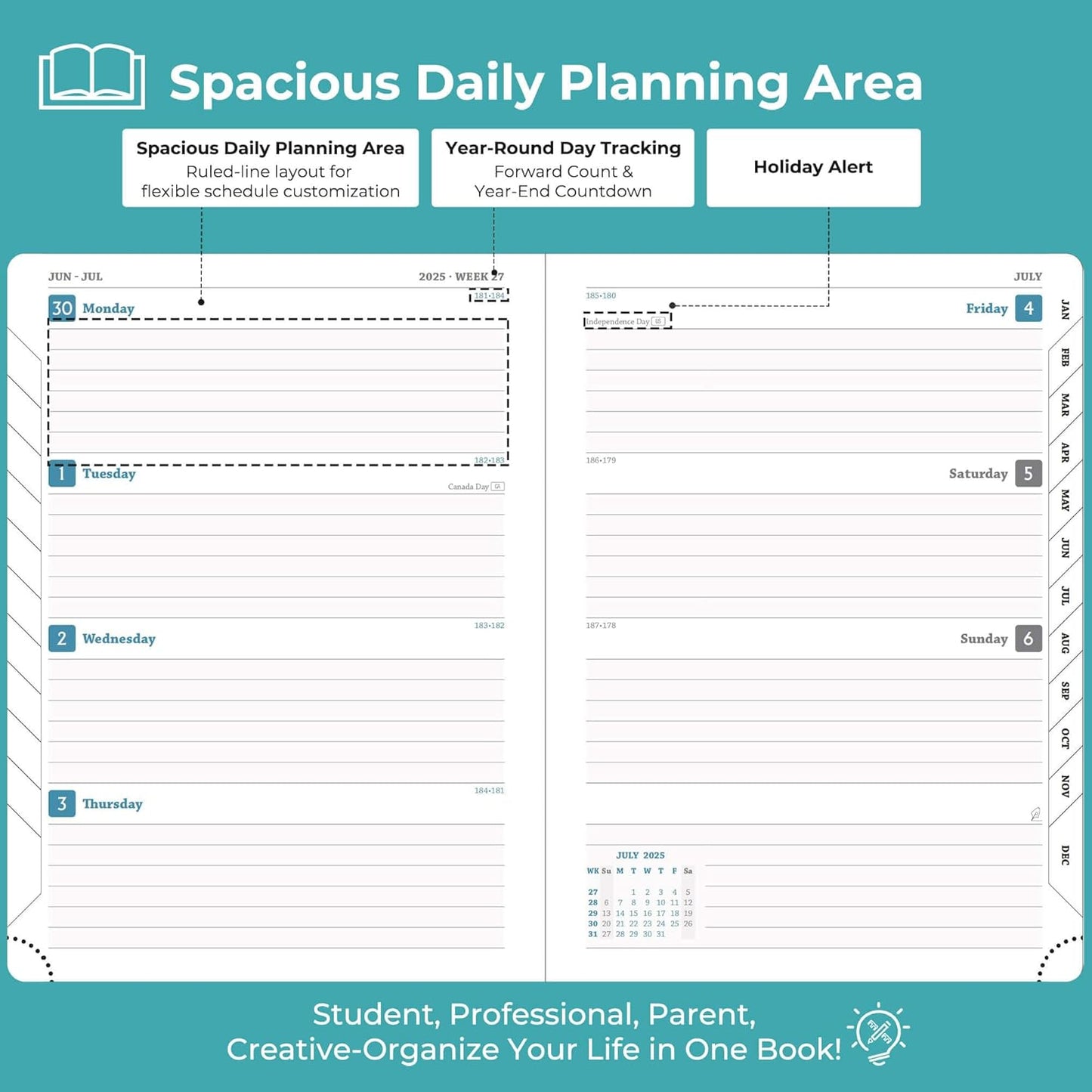 Planner 2025-2026 Daily Weekly and Monthly,11.5"x8.5",18 Months Spiral Bound Calendar Agenda with Self-adhesive Pen Holder,2026 Academic Plan with Vegan Leather Soft Cover,Light Blue