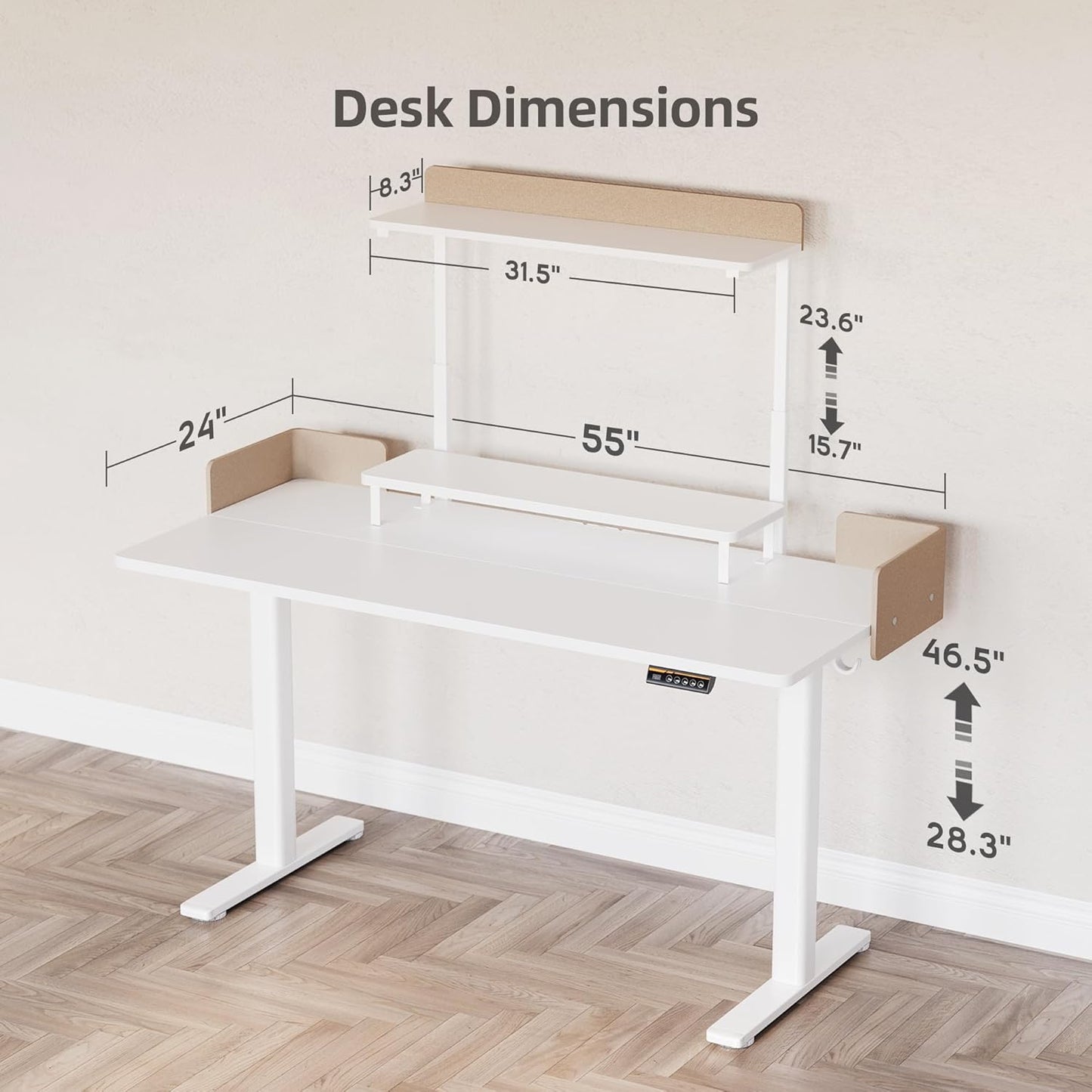 Claiks Adjustable Height Standing Desk, 55 x 24 Inches Electric Stand Up with Monitor Shelves Computer Desk Workstation for Home Office, White