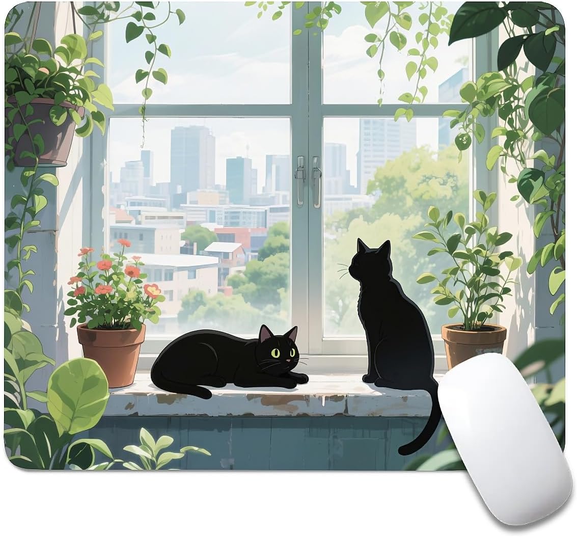 Square Mouse Pad Black Cat, Personalized Premium-Textured Custom Mouse Mat Design, Washable Mousepad Cloth, Non-Slip Rubber Base Computer Mouse Pads for Wireless Mouse
