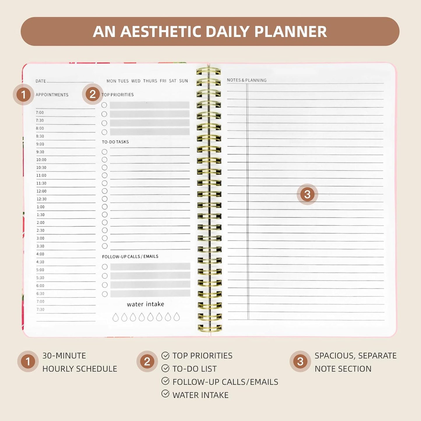 Undated Daily Planner - Spiral Notebook 80 Days One Day Per Page, Hourly Schedule, To-Do List, Notes, Everyday Planning Task, A5 Hardcover Journal Organizer Book Women Cute, Strawberry