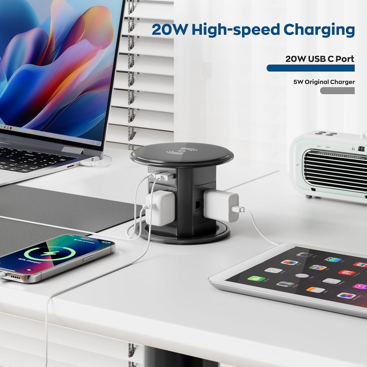 Pop Up Countertop Outlet with 15W Wireless Charger,Pop up Outlet,Max 20W USB Power Delivery,3.9" Space Saver Recessed Outlet,Pop Up Electrical Outlet with 4 Outlets 2 USB Ports for Home Office