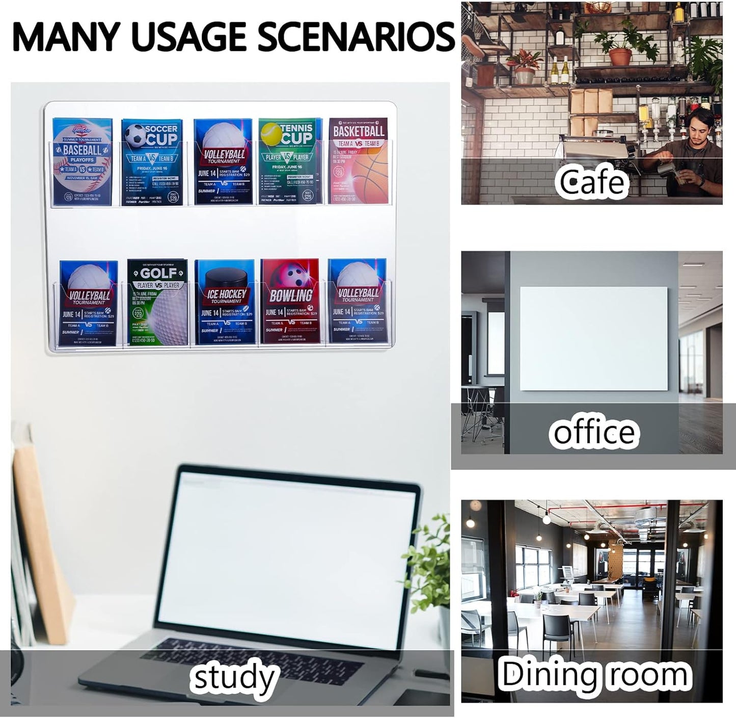 Weysat 4 Pcs Acrylic Brochure Holder Wall Mount 10 Pockets Pamphlet Holder 4" Wide Clear Plastic Trifold Flyer Display Stand Multi Slot Literature Postcard Rack Hanging Rack for Offices Waiting Room