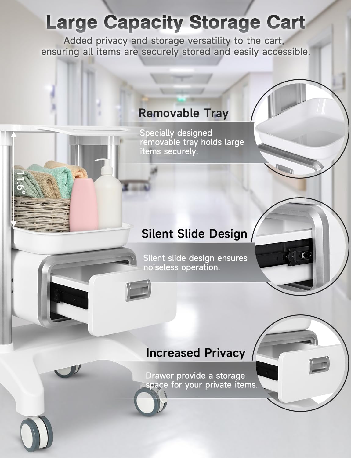 Medical Trolley Cart Mobile Ultrasound Cart 130 LBS Load Professional Portable Storage Drawer with 4 Silent Wheels Tray for Hospital Dental Clinic Beauty Salon Office Bedroom