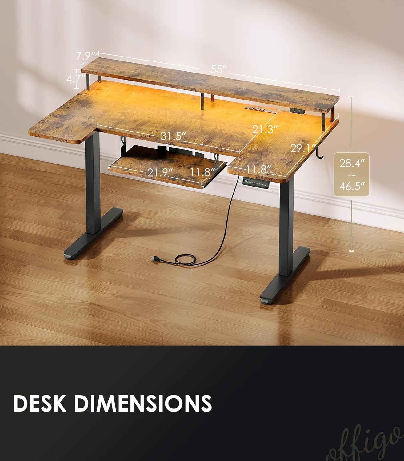 OffiGo U Shaped Electric Standing Desk with Keyboard Tray, 55 Inch Height Adjustable Desk with Power Outlets & LED Lights, Sit Stand Table with Monitor Stand for Home, Office, Rustic Brown