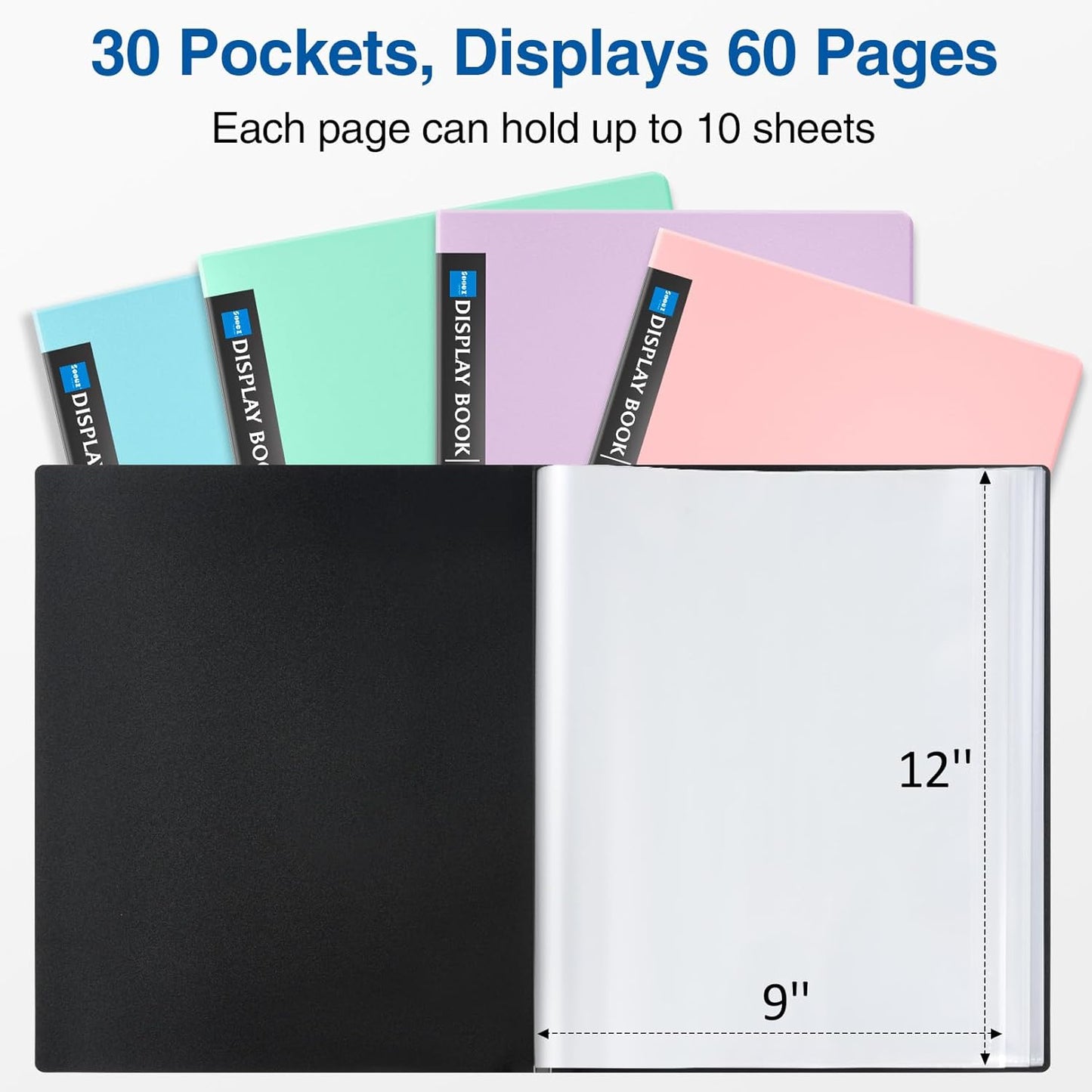 Sooez Art Portfolio 9x12, Binder with Plastic Sleeves, 30 Pockets Display 60 Pages, Black Mounting Paper, Presentation Book for Artwork, Folder with Clear Sheet Protectors for Office School Organizer