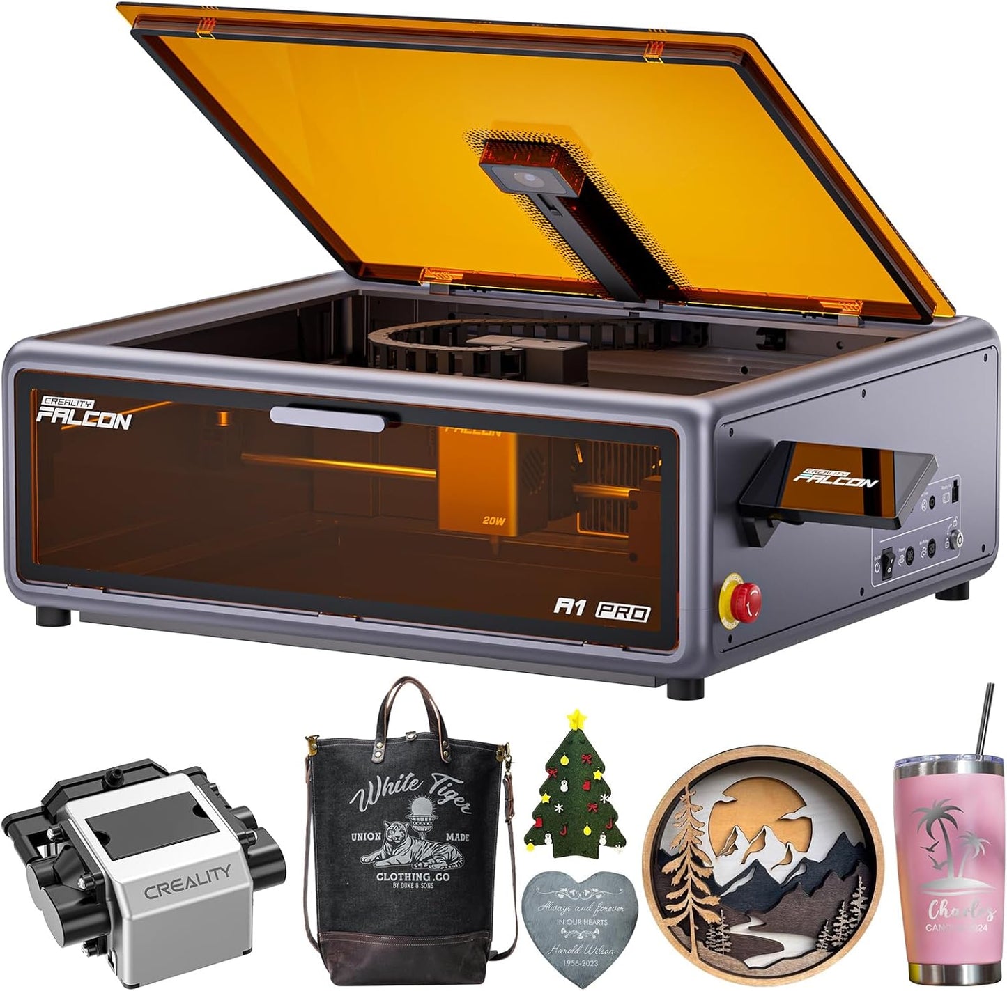 Creality Falcon A1 Pro 20W Laser Engraver, 180W Enclosed Laser Cutter and Engraver Machine with Air Assist, HD Smart Camera for Auto Focus, APP Control, Touch Screen, Ideal for Wood & Metal