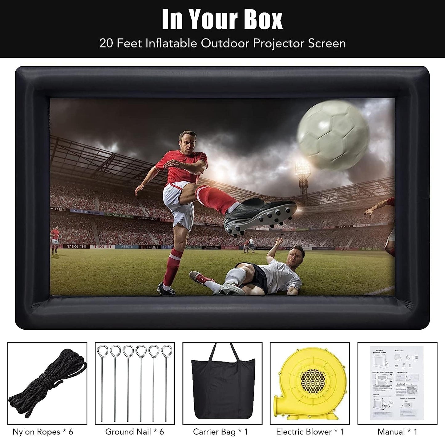 Inflatable Projector Screen, 20FT Portable Blow Up Outside Projector Screen, Front & Rear Projection, with Rope, Air Blower, Ground Nails and Carry Bag, for Theater/Football/Backyard Party