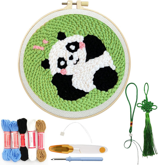 Danvk Panda Punch Embroidery Kit with Embroidery Fabric, Hoop,Scissor,Punch Needle and Yarns, Hand Craft Gift,DIY Embroidery Kits, Hand Punch Needle Kit for Women and Kids Beginners(Panda-Smiling)